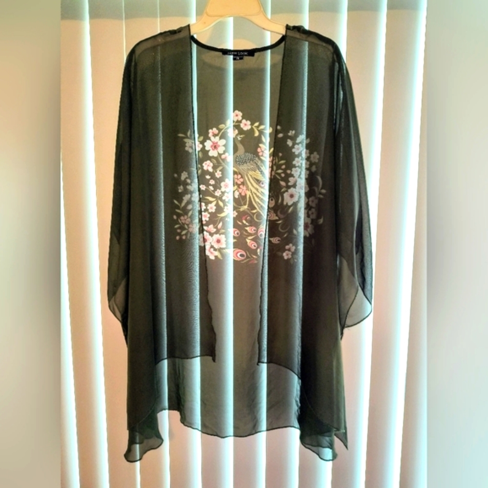 Green Sheer Kimono with Peacock-2X